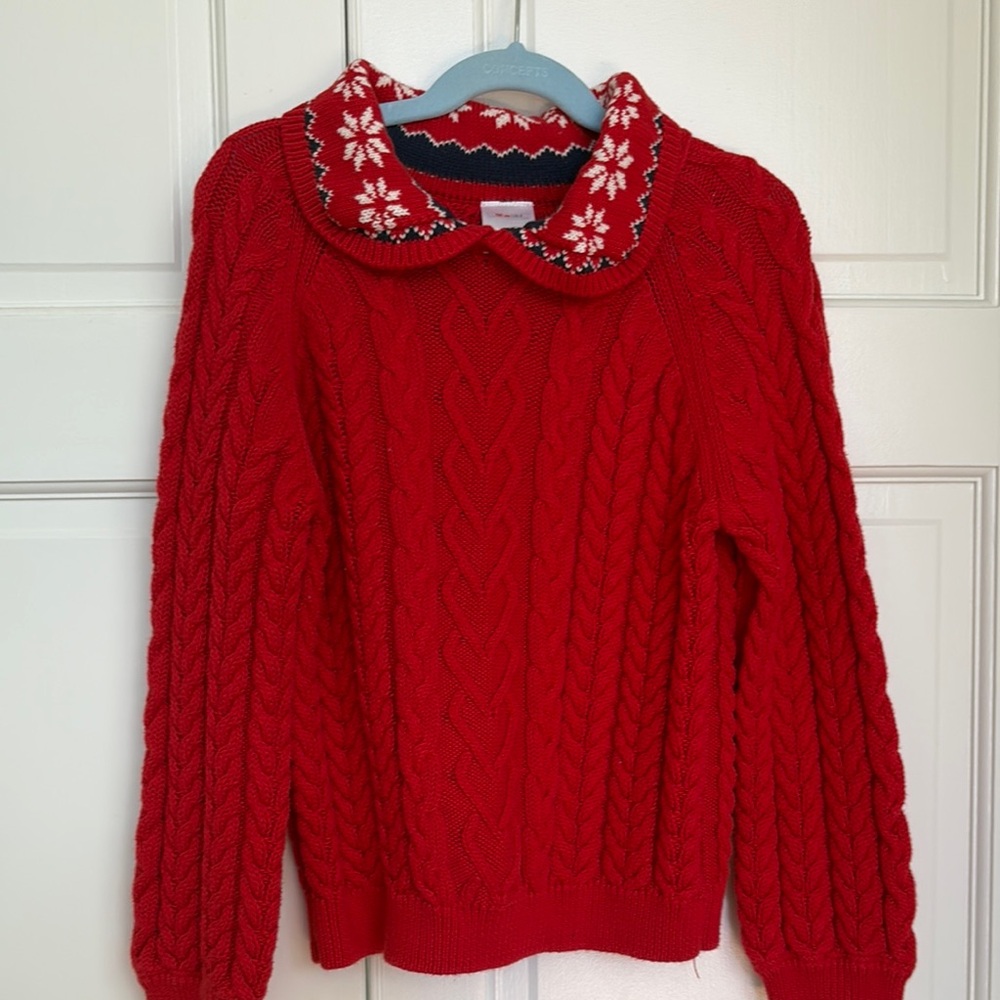 Red Cable Knit Sweater with Snowflake Collar